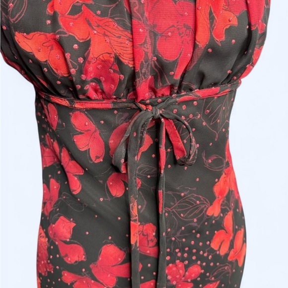 Younique floral mesh midi dress red black rhinestone tie front size S Y2K - Picture 6 of 7